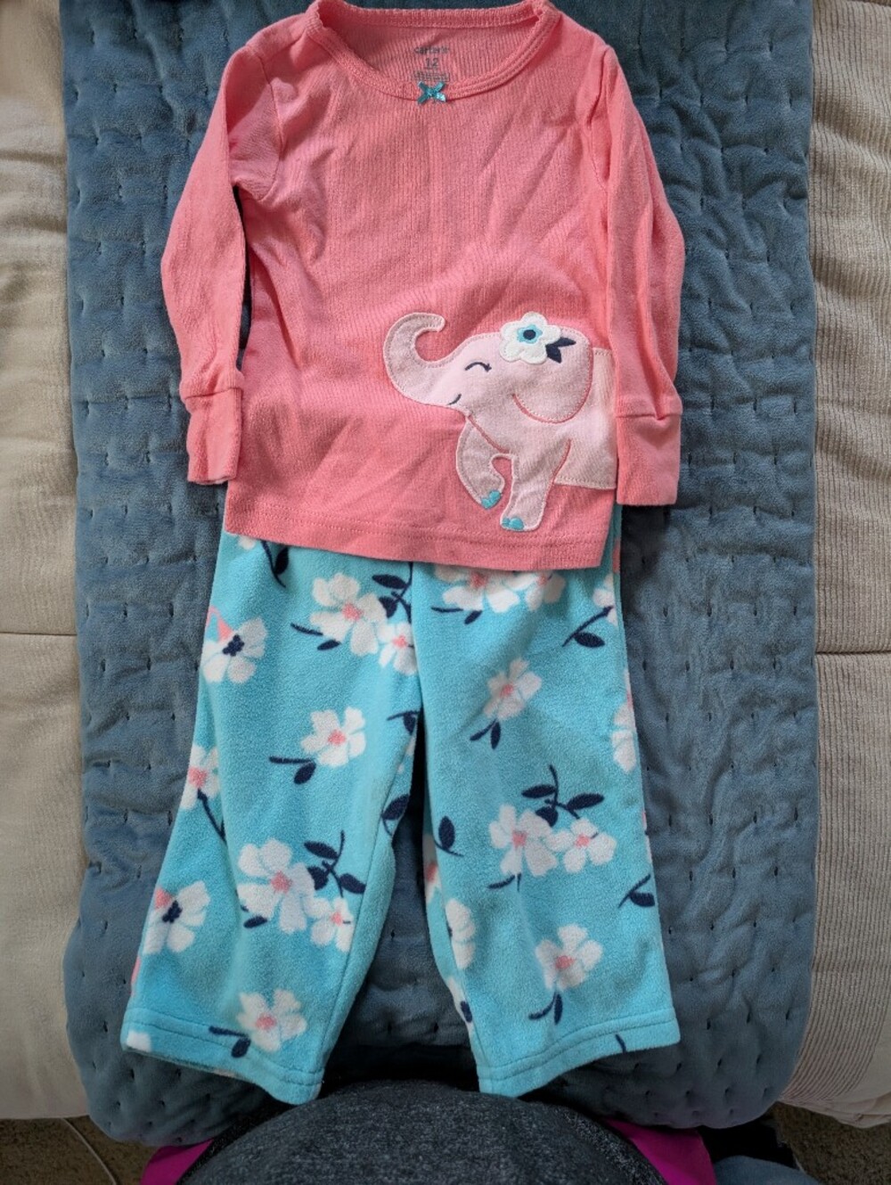 Carter's Pink Elephant Top with Blue Floral Pajama Pants